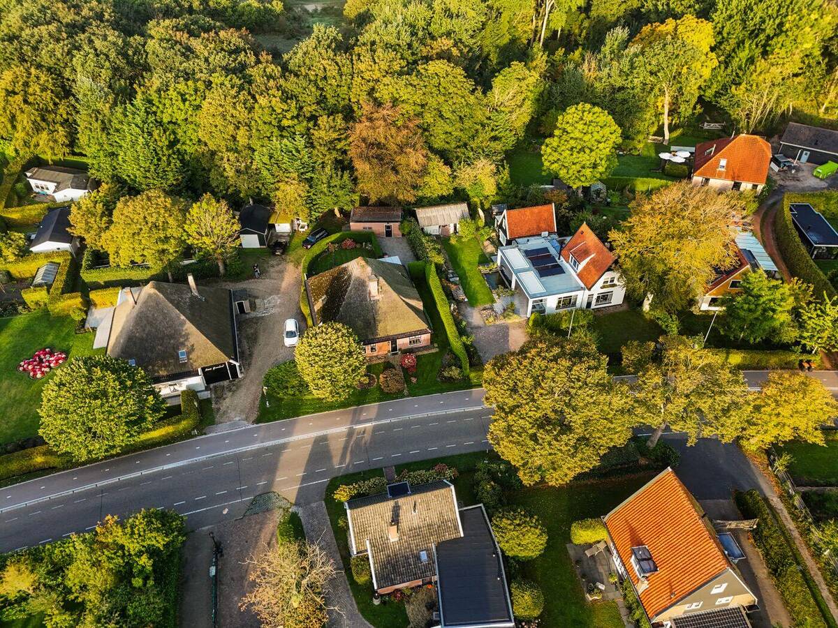 Luchtfoto van huizen tussen de bomen